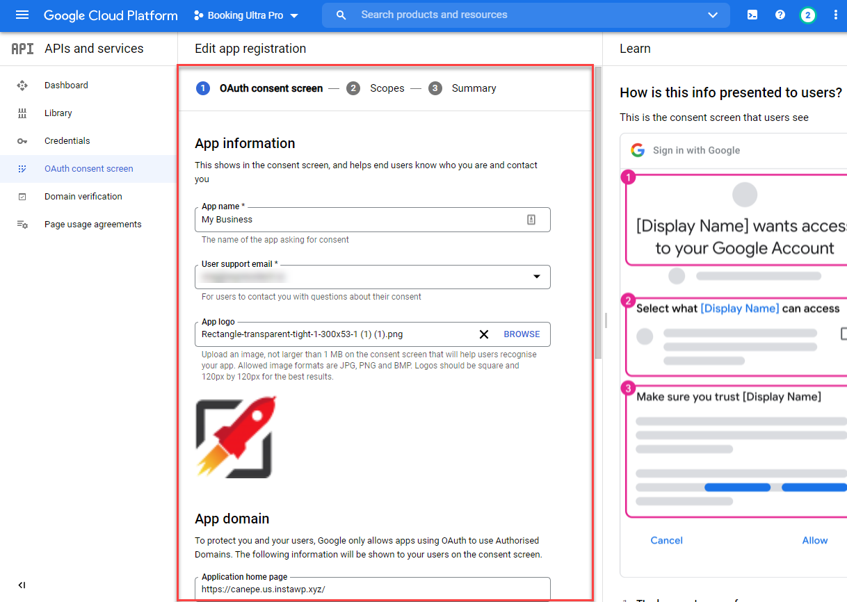 Google Calendar Integration - OAuth Consent Screen app information 