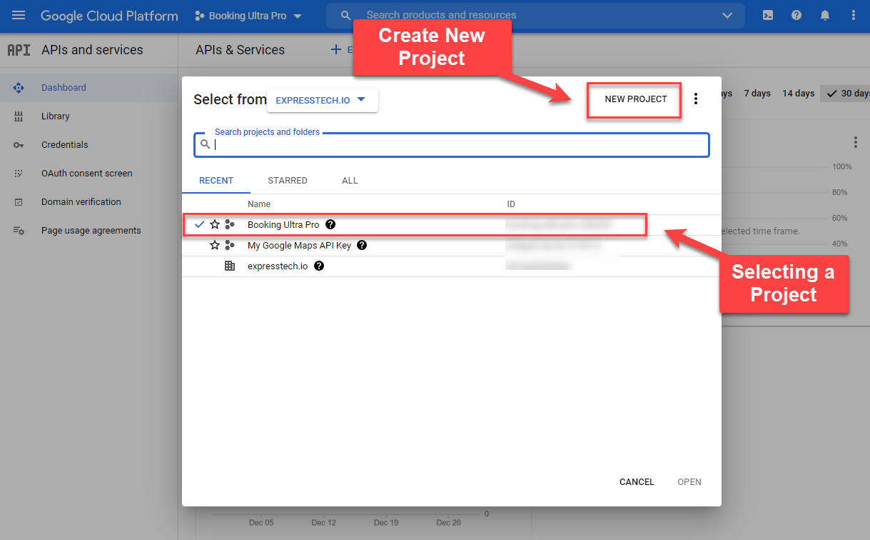 Google Calendar Integration -Selecting or Creating a new project